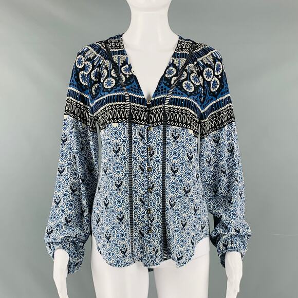 VERONICA BEARD Size 0 Blue Black & White Silk Print Metal Buttons Blouse - Picture 1 of 7